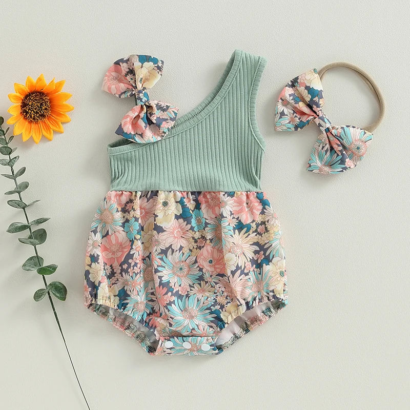 Infant Newborn Baby Girl Two Piece Outfits Summer Floral One Shoulder Romper and Stretch Headband Cute Clothes