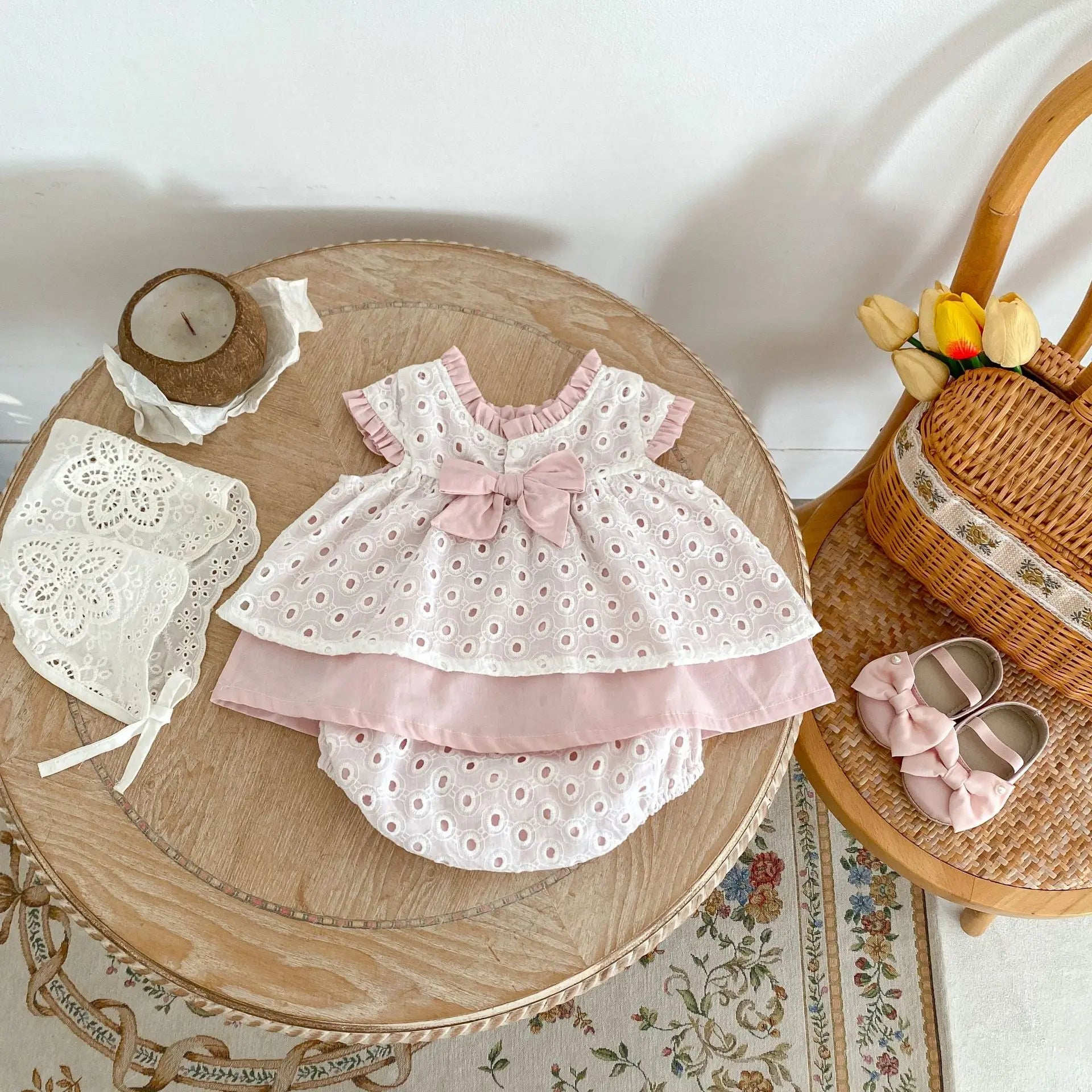 Summer New 0-3 Year Old Baby Clothing, Baby Girl Set, Hollowed Out Double-Layer Top+Shorts
