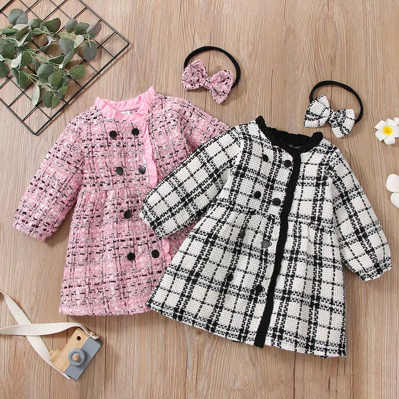 Autumn Kid Girl Dress Coats Fashion Plaid Long Sleeve Dress+Bow Headband Loose Infant Girl Frocks Toddler Outift Clothes A1346