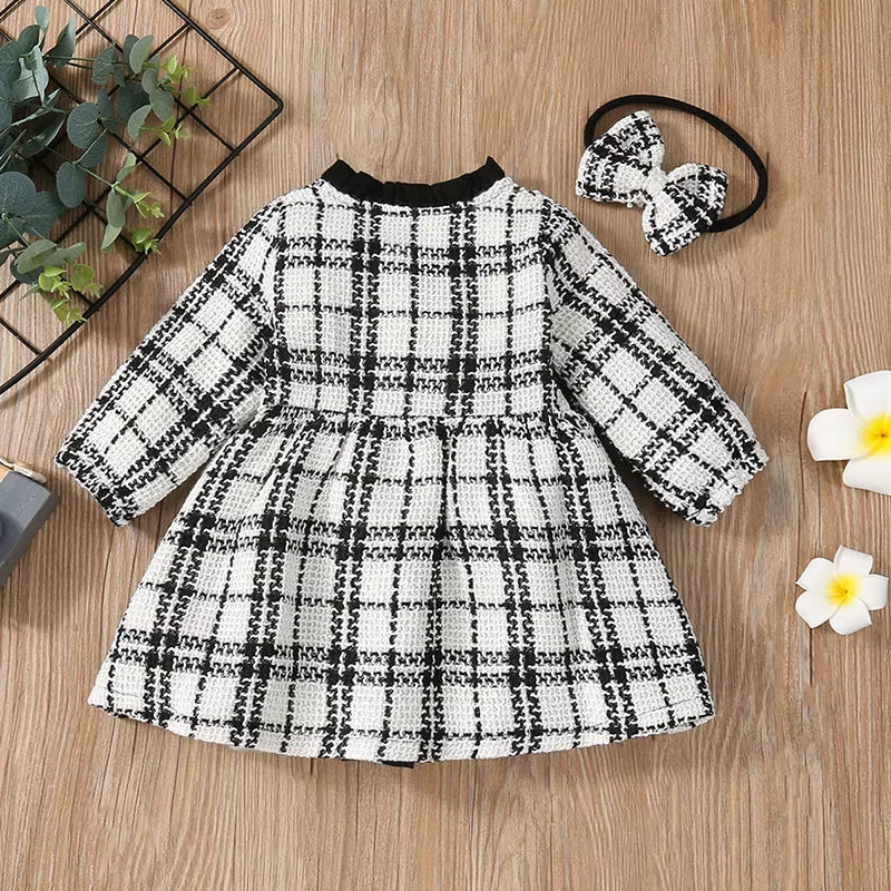 Autumn Kid Girl Dress Coats Fashion Plaid Long Sleeve Dress+Bow Headband Loose Infant Girl Frocks Toddler Outift Clothes A1346