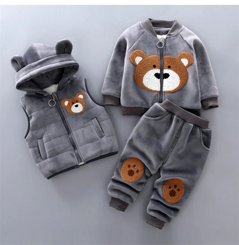 Baby Boy Warm Sets Kids Winter Jackets+Pants 3Pcs Outfits Children Autumn Hooded Suits Girls Casual Fashion Fleece Clothes