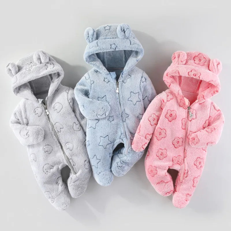 3-12M Baby Plush Warm Jumpsuits Boys Girls Long Sleeve Hooded Zipper Romper Newborn Infant Fall Winter Clothes