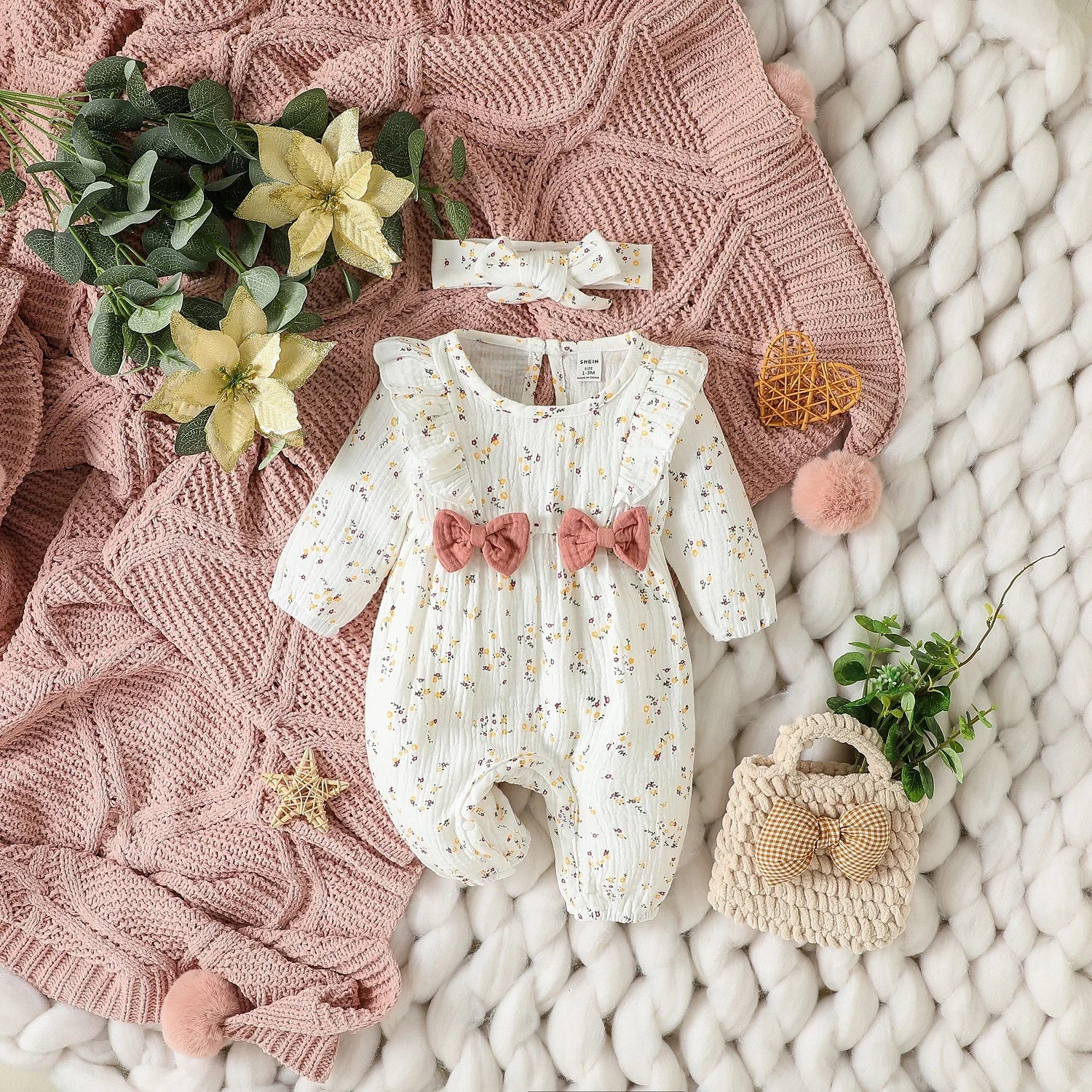 0-6M Newborn Baby Girl Romper Clothes Long Sleeve Flower Bodysuit Costume Lovely Baby Spring Jumpsuit Outfits with Headband 2Pcs