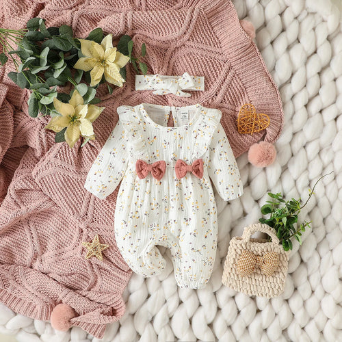 0-6M Newborn Baby Girl Romper Clothes Long Sleeve Flower Bodysuit Costume Lovely Baby Spring Jumpsuit Outfits with Headband 2Pcs