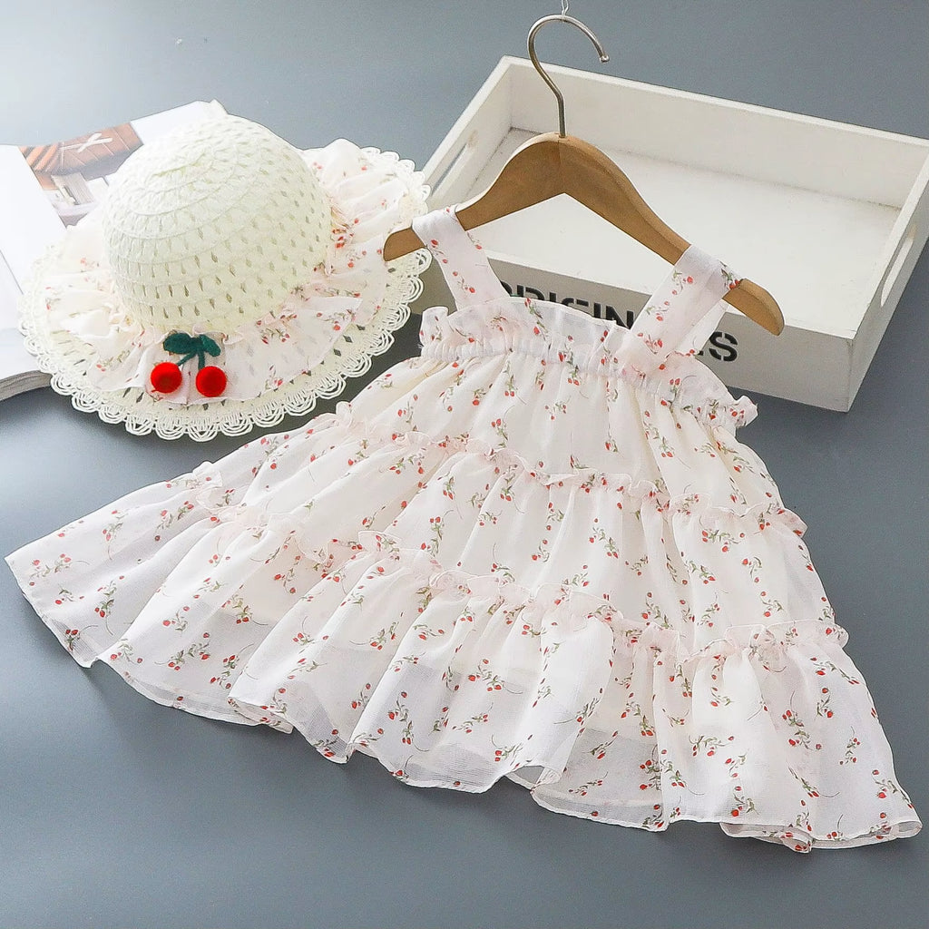 Baby Girl Dresses Summer Full Printed Floral Cherry Halter Girl Dresses Cute Cotton Multi Layer Girl Princess Dresses