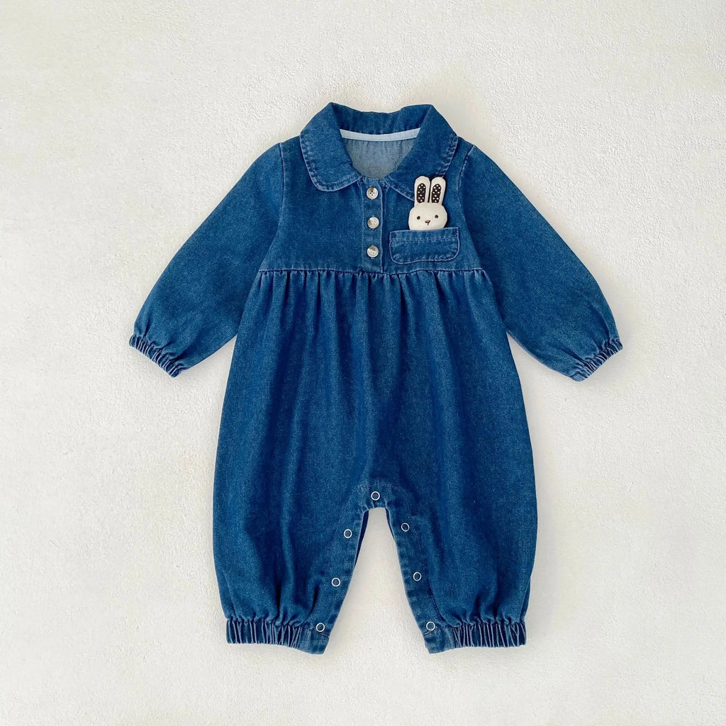 Autumn New 0-3 Year Old Baby Clothing, Doll Collar Long Crawling Korean Version Long Sleeved Denim Jumpsuit, Rabbit Doll