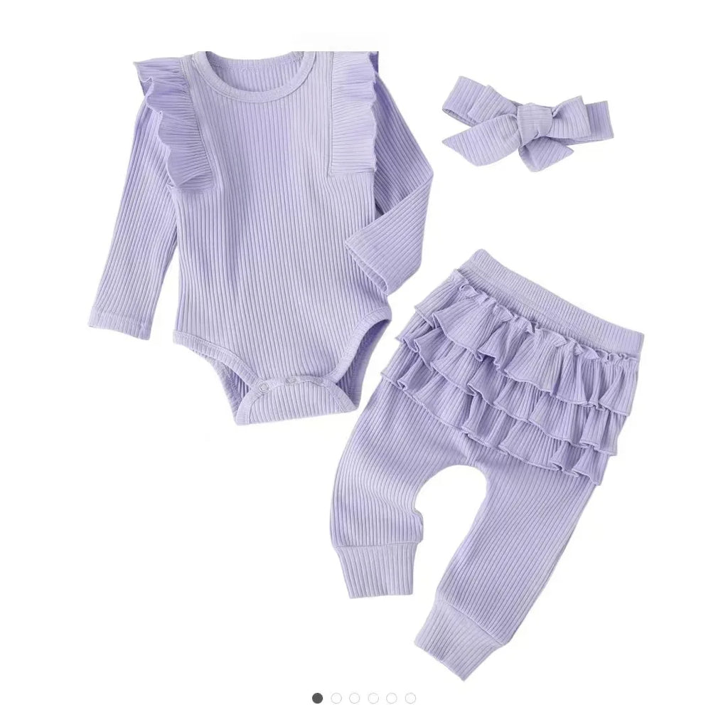 Newborn Baby Girls Clothes Infant Long Sleeve Ruffle Romper Bodysuits+Pants+Bow Headband 3Pcs Suit Children Toddler Outfit A422