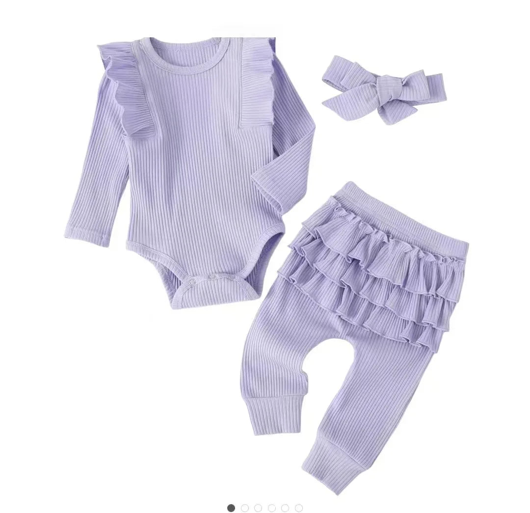 Newborn Baby Girls Clothes Infant Long Sleeve Ruffle Romper Bodysuits+Pants+Bow Headband 3Pcs Suit Children Toddler Outfit A422