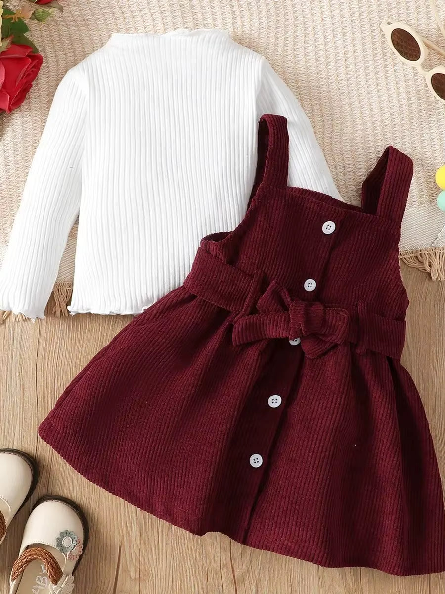 0-3-Year-Old Newborn Baby Girl Spring and Autumn High Neck Solid Color Long Sleeved Dress Set with Waist Wrap