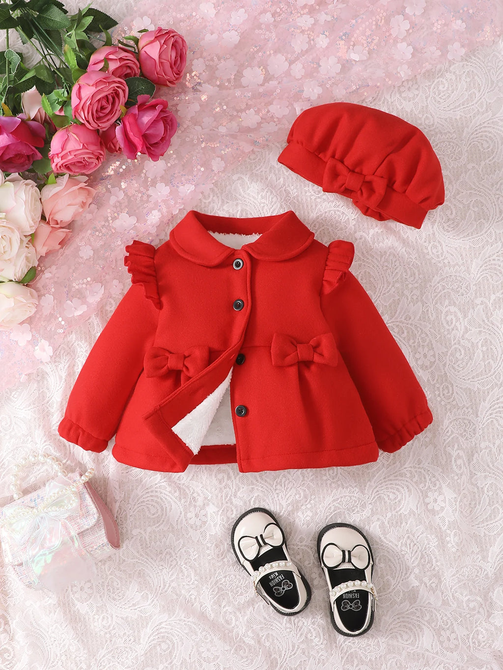 Baby Girls 6-24M Autumn and Winter Red Doll Collar Thick Long-Sleeved Woolen Coat Cute Bow Hat Everything with inside Plush Coat