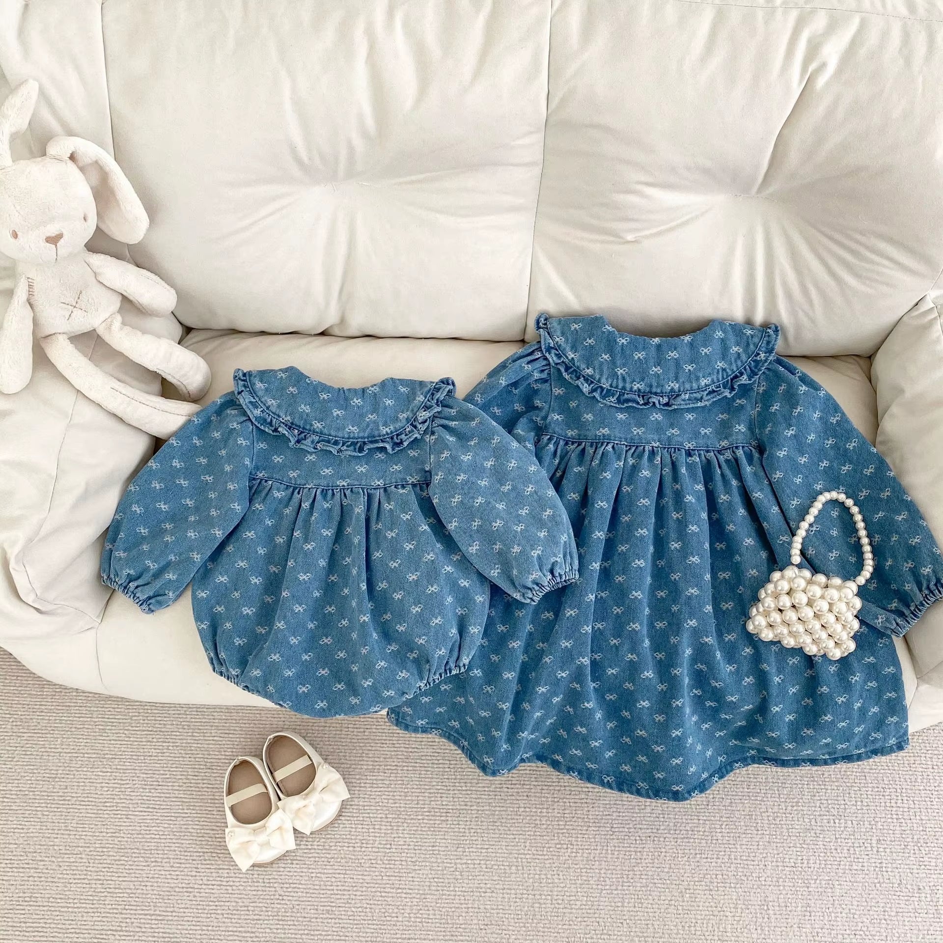 Autumn New 0-3 Year Old Baby Clothing, Fashionable Baby Girl Bow Jacquard Denim Long Sleeved Dress