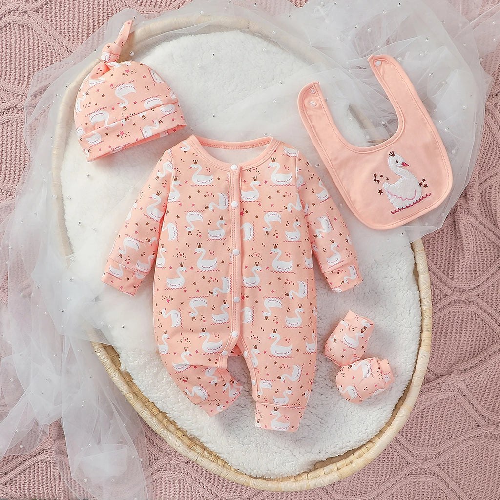 4Pcs 2024 Baby Clothes Cotton Newborn-6M Jumpsuit Cartoon Swan Print Girls Outfit Rompers Clothing+Hat+Bib+Gloves