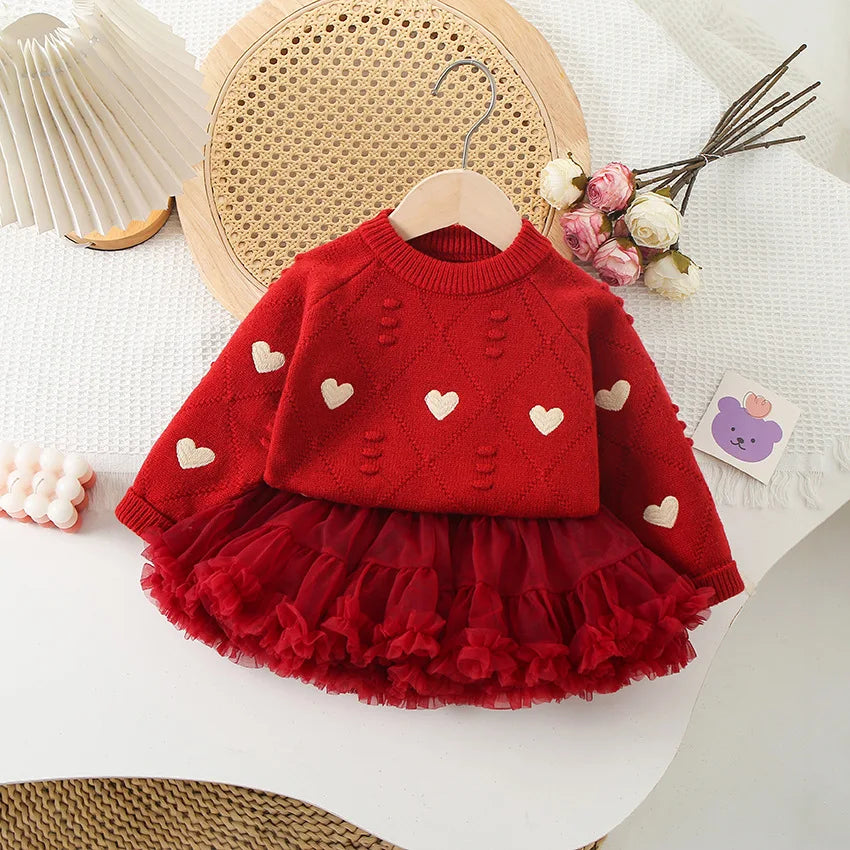 Spring Autumn 1-6Y Girls 2PCS Dress Set Heart Embroidery round Collar Kid Girl Sweater Toddler Baby Girls Mesh Bubble Skirt Suit