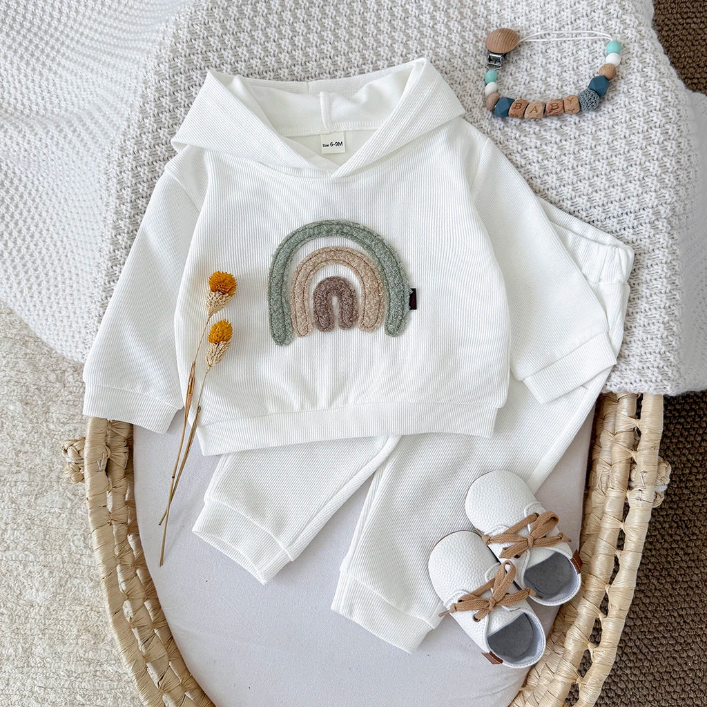 Spring and Autumn New Rainbow Patch Cloth Long Sleeve Hoodie Long Pants Baby Clothes Casual Baby Two Piece Set Children