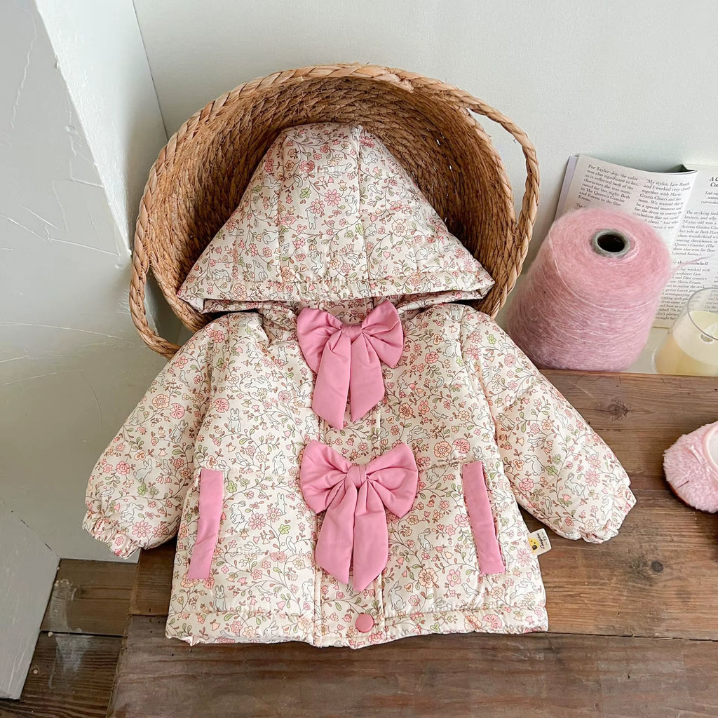 Winter Newborn Infant Baby Girls Floral Bow Hooded Coat Winterproof Jacket Kids Fashion Baby Clothing