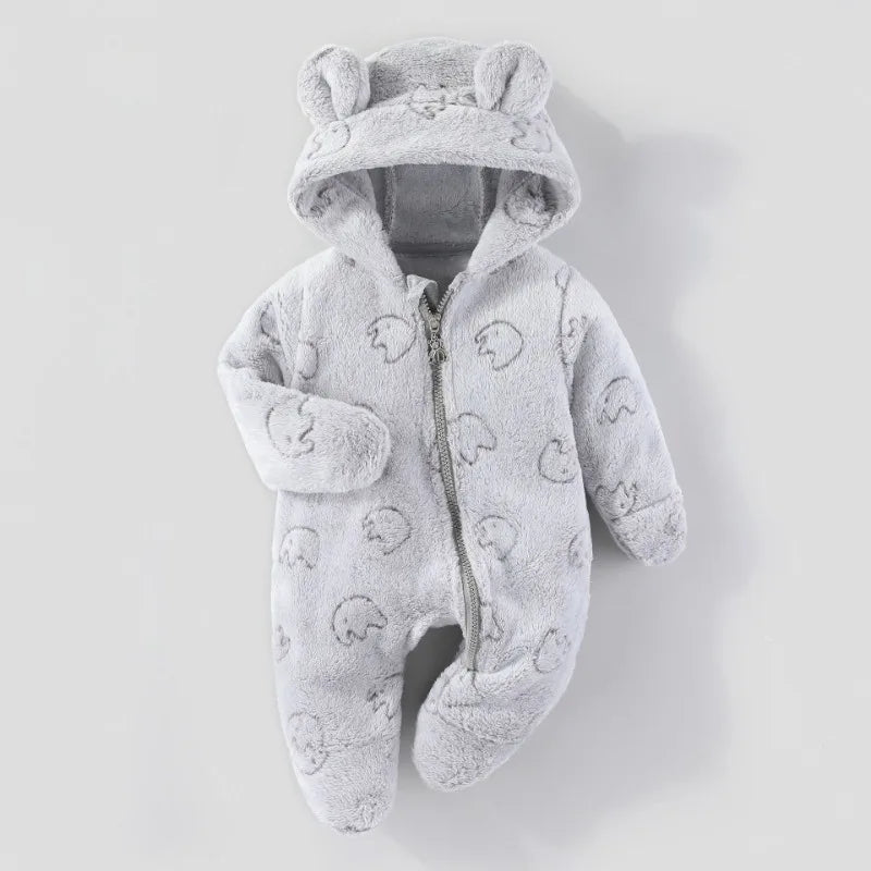 3-12M Baby Plush Warm Jumpsuits Boys Girls Long Sleeve Hooded Zipper Romper Newborn Infant Fall Winter Clothes