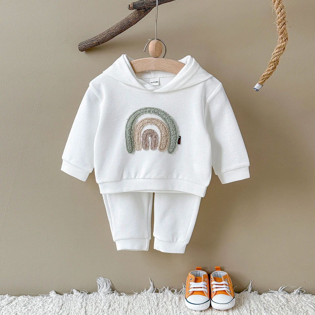 Spring and Autumn New Rainbow Patch Cloth Long Sleeve Hoodie Long Pants Baby Clothes Casual Baby Two Piece Set Children
