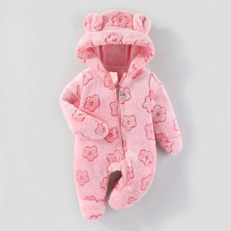 3-12M Baby Plush Warm Jumpsuits Boys Girls Long Sleeve Hooded Zipper Romper Newborn Infant Fall Winter Clothes