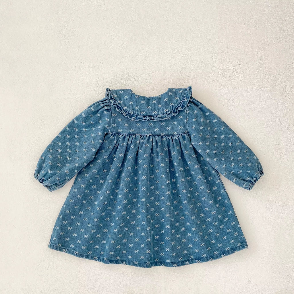 Autumn New 0-3 Year Old Baby Clothing, Fashionable Baby Girl Bow Jacquard Denim Long Sleeved Dress