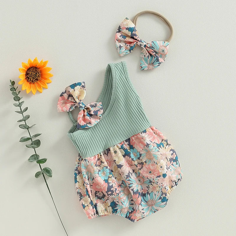 Infant Newborn Baby Girl Two Piece Outfits Summer Floral One Shoulder Romper and Stretch Headband Cute Clothes
