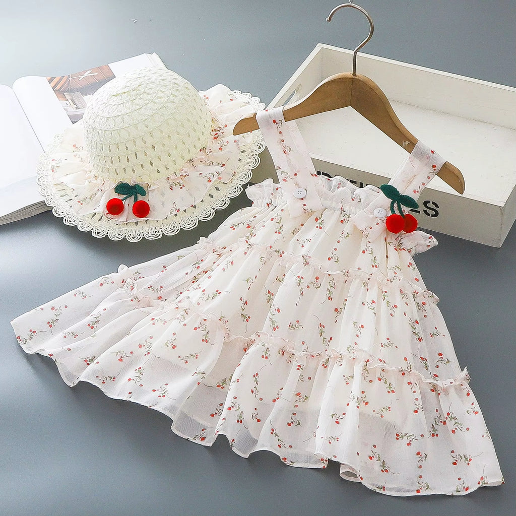 Baby Girl Dresses Summer Full Printed Floral Cherry Halter Girl Dresses Cute Cotton Multi Layer Girl Princess Dresses