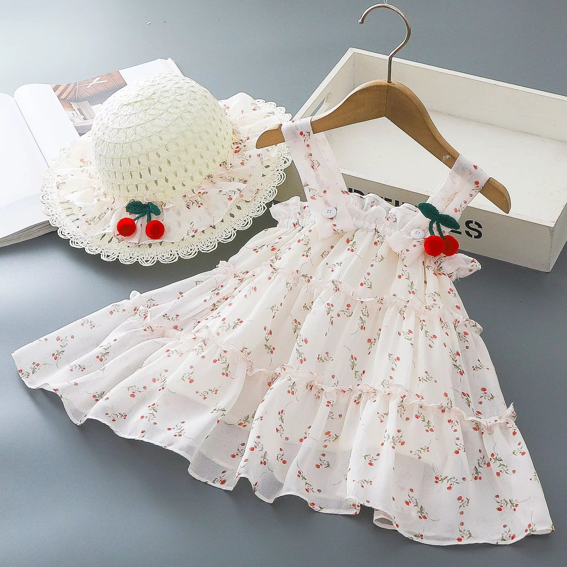 Baby Girl Dresses Summer Full Printed Floral Cherry Halter Girl Dresses Cute Cotton Multi Layer Girl Princess Dresses