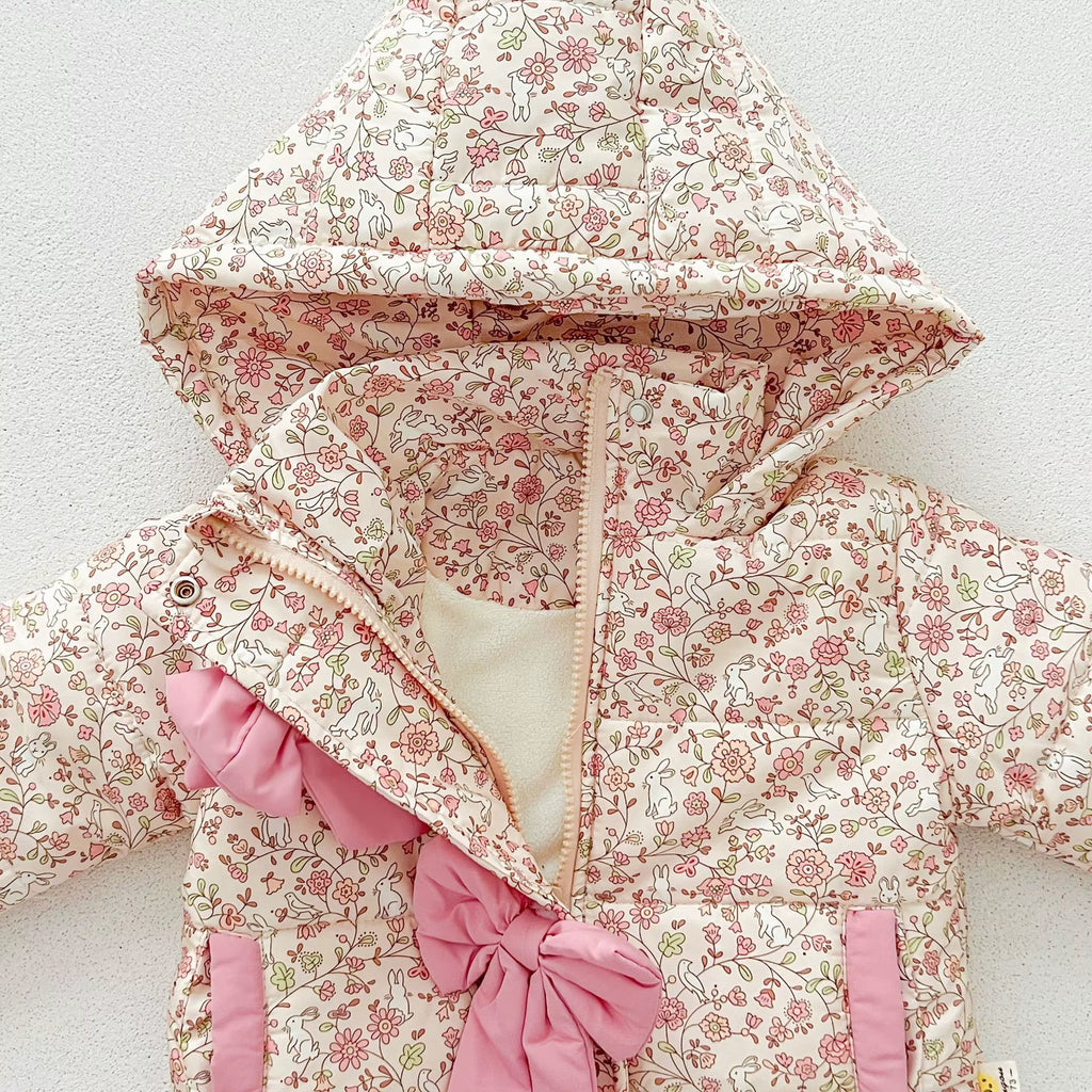 Winter Newborn Infant Baby Girls Floral Bow Hooded Coat Winterproof Jacket Kids Fashion Baby Clothing