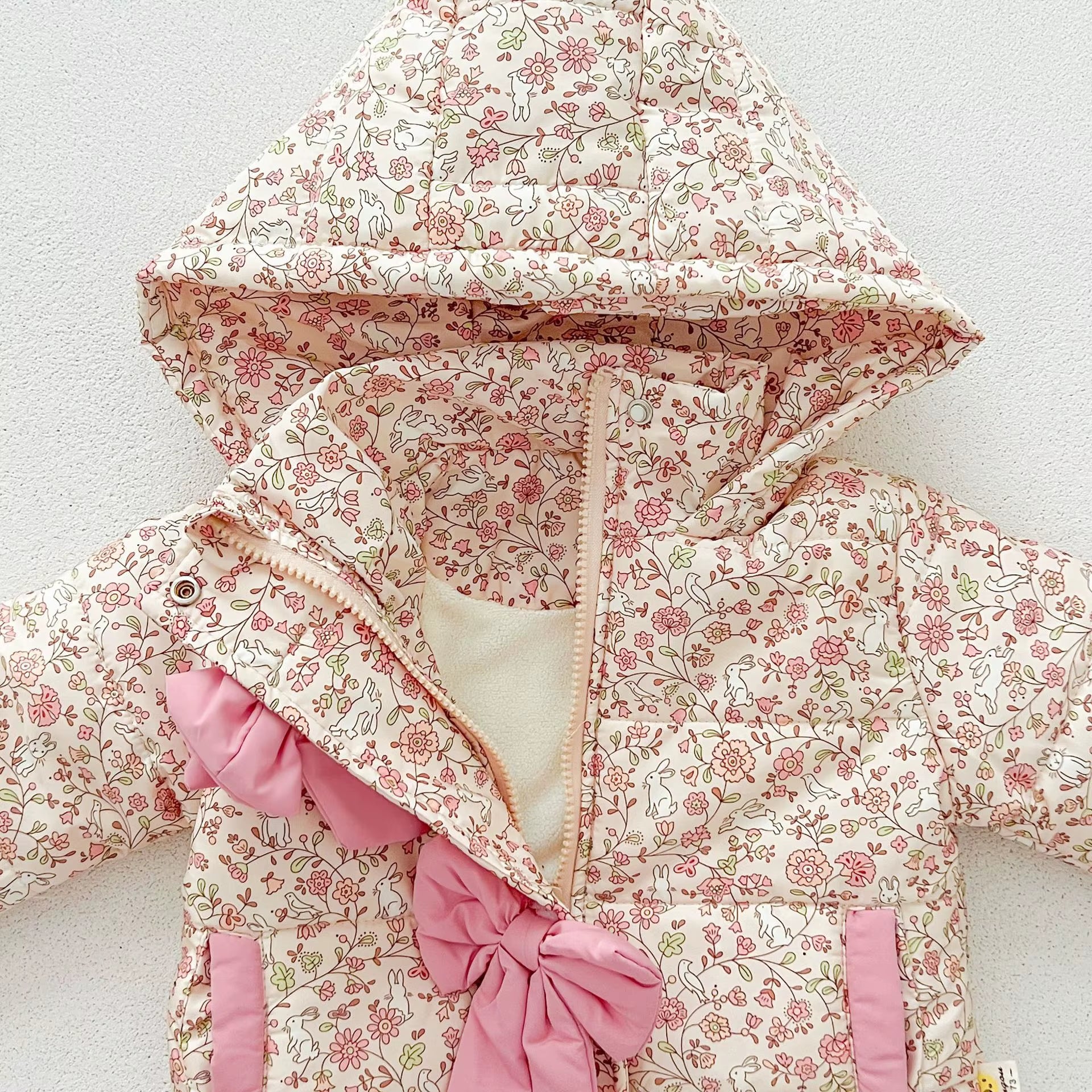 Winter Newborn Infant Baby Girls Floral Bow Hooded Coat Winterproof Jacket Kids Fashion Baby Clothing