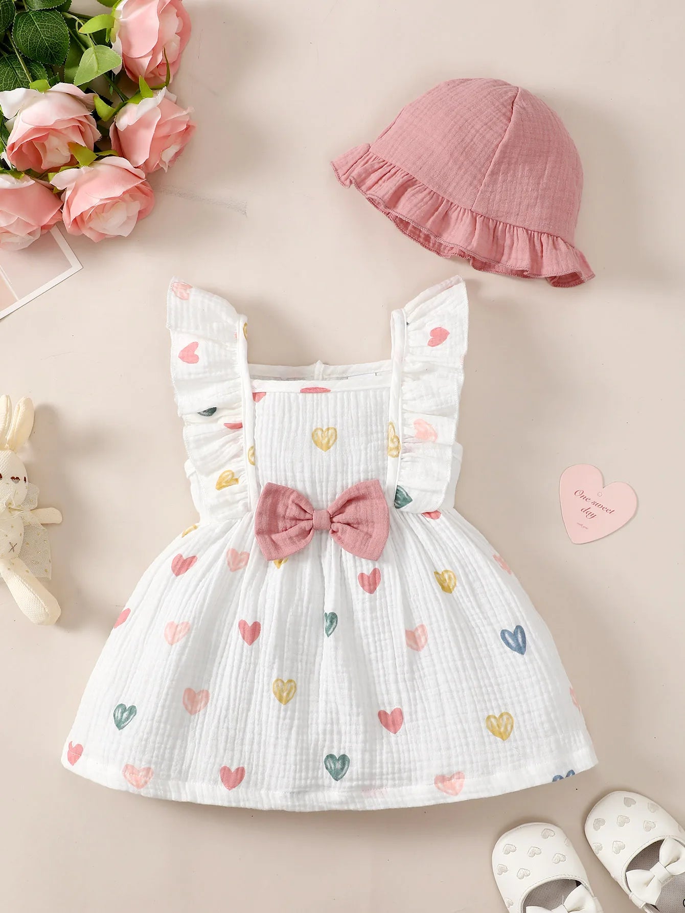 2PCS Dress Clothes Set Cool Girls Love Print Sleeveless Dress with Hat Summer Fashion Cute Wear for Infant Girl 1-3 Years Old