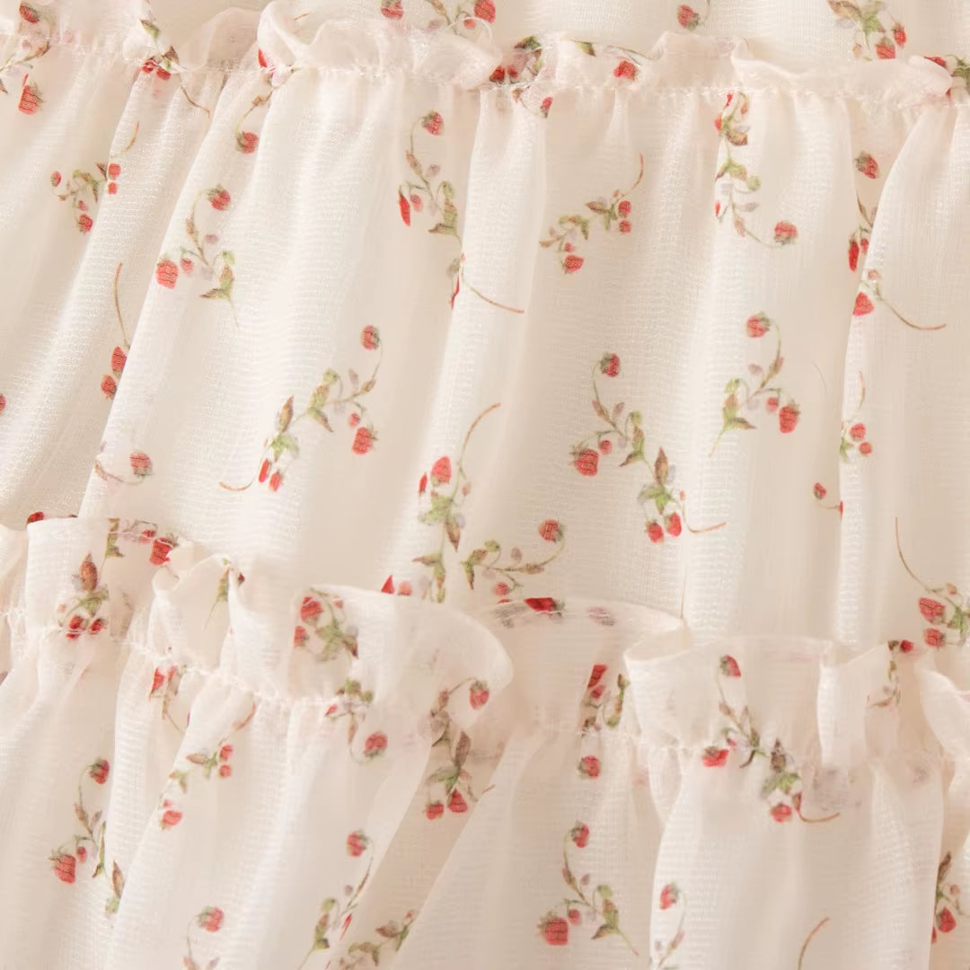 Baby Girl Dresses Summer Full Printed Floral Cherry Halter Girl Dresses Cute Cotton Multi Layer Girl Princess Dresses