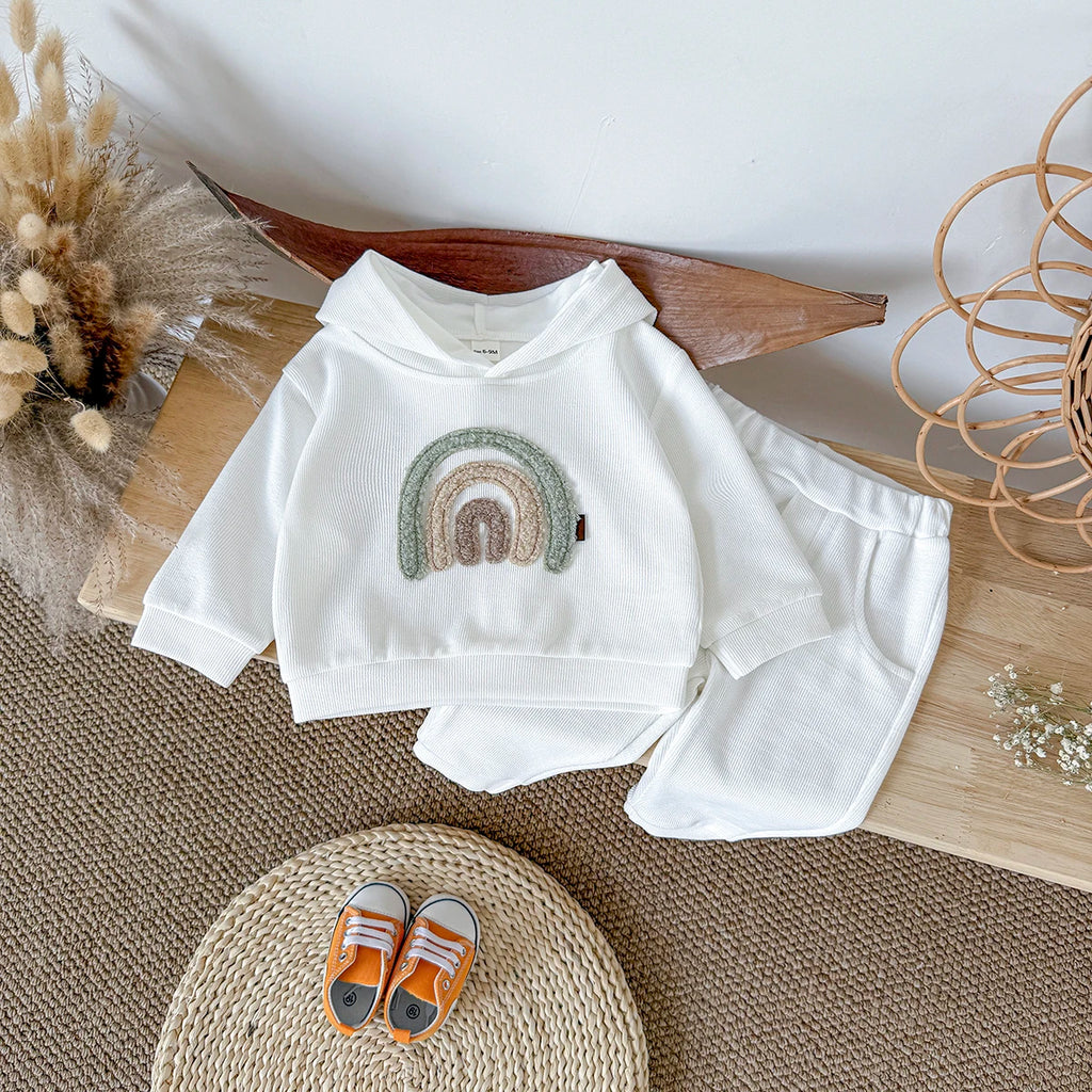 Spring and Autumn New Rainbow Patch Cloth Long Sleeve Hoodie Long Pants Baby Clothes Casual Baby Two Piece Set Children