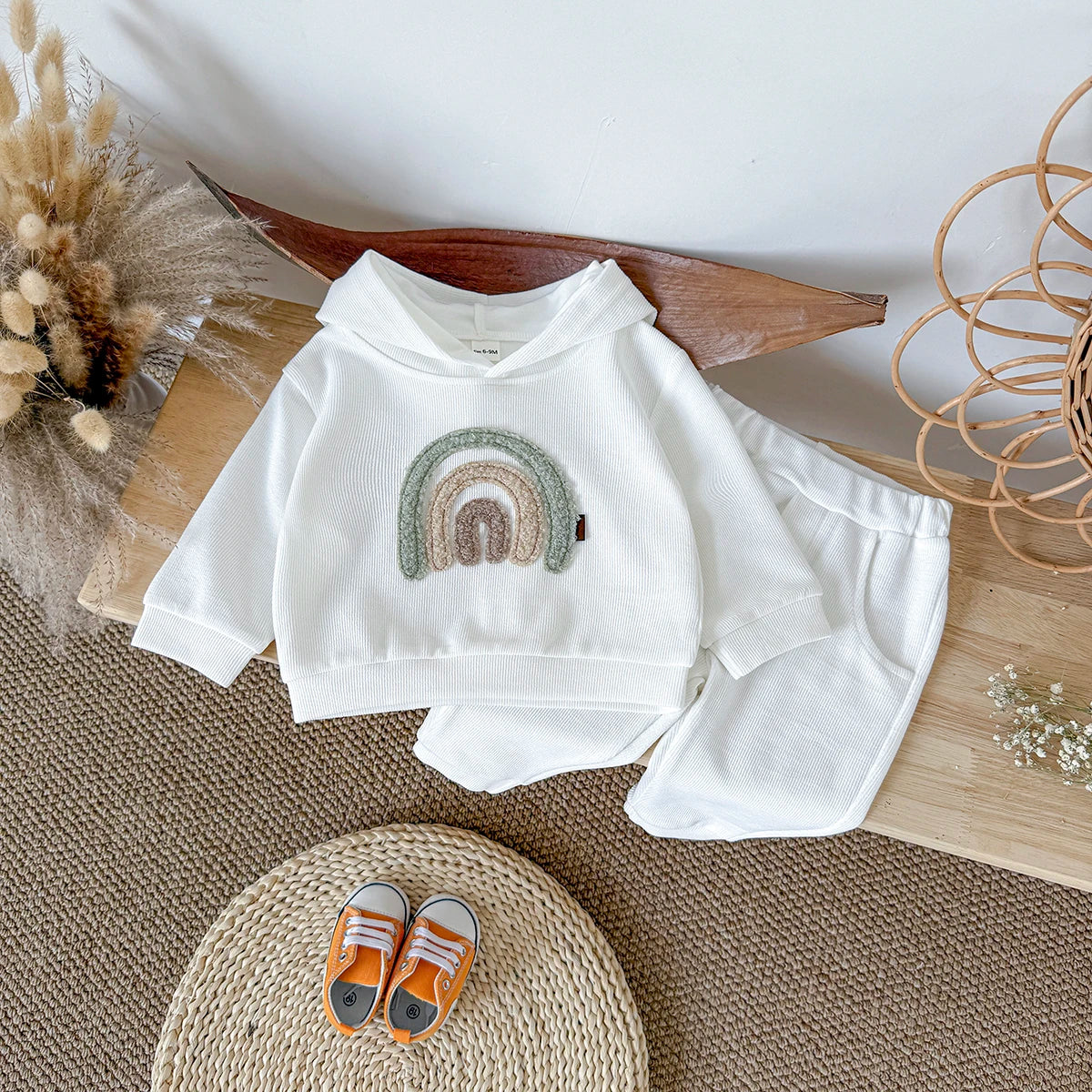 Spring and Autumn New Rainbow Patch Cloth Long Sleeve Hoodie Long Pants Baby Clothes Casual Baby Two Piece Set Children