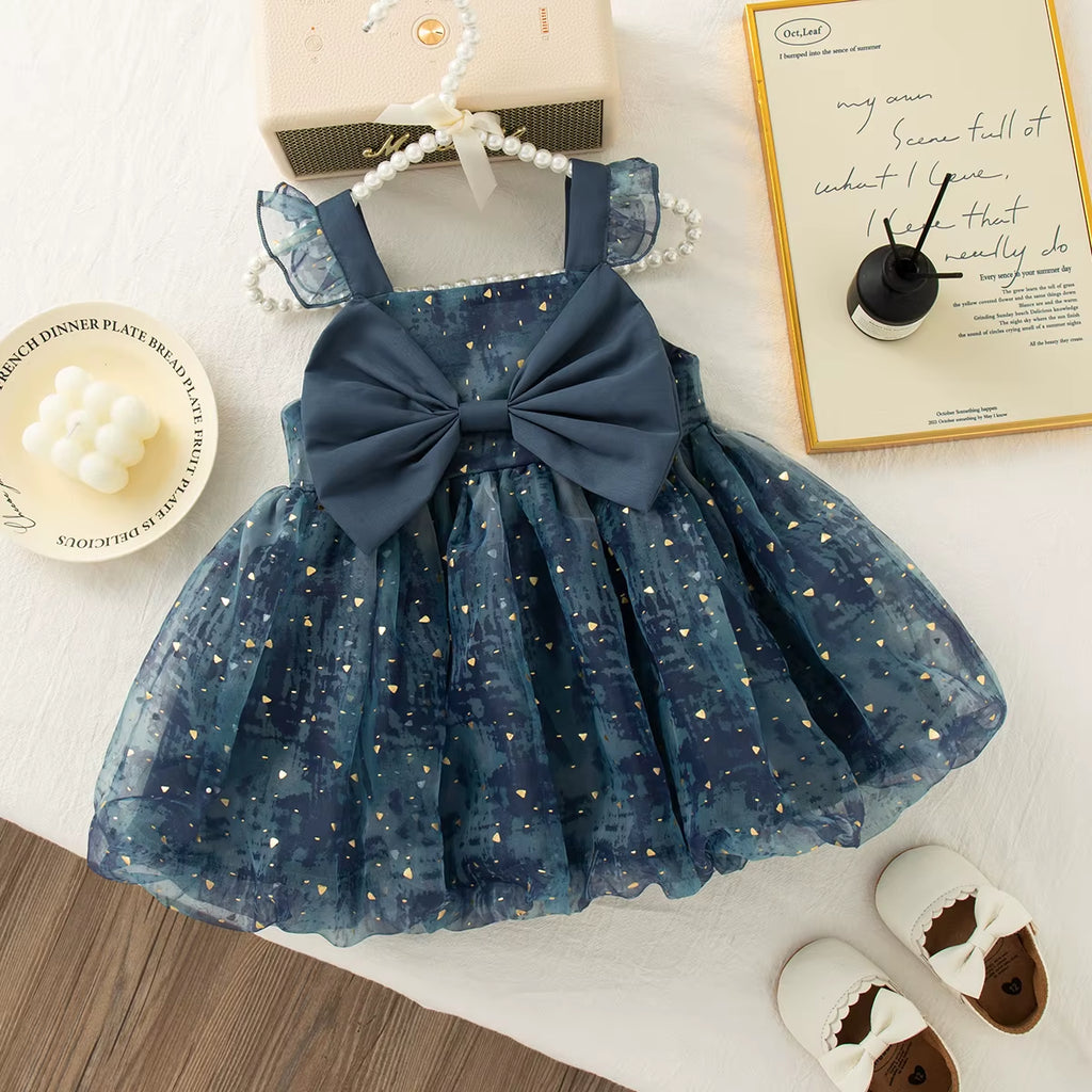 Summer Baby Girl Dress Bow Sequined Sleeves Princess Tulle Dress for Kids Girl Dance Party Gown Summer Clothes
