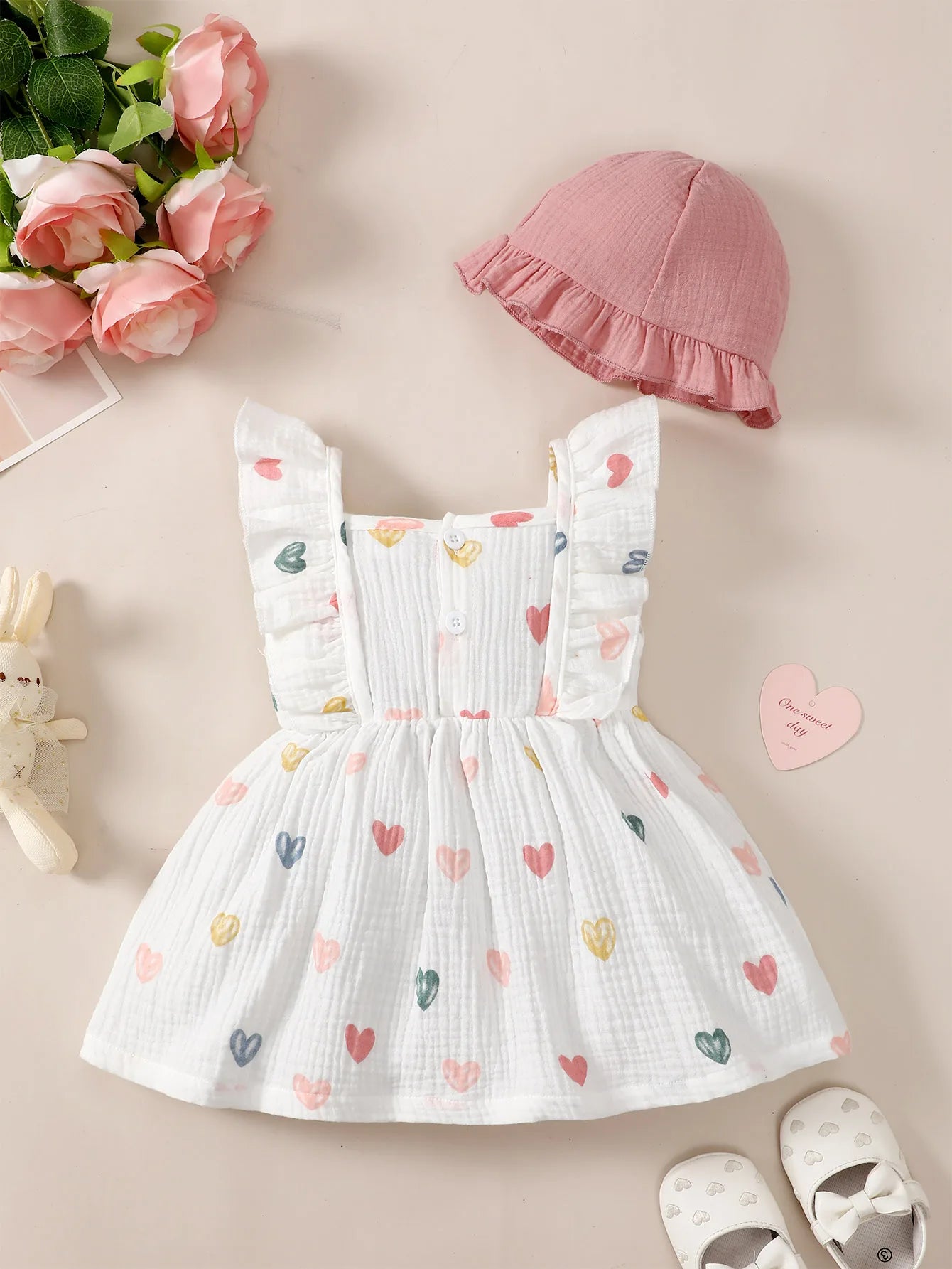2PCS Dress Clothes Set Cool Girls Love Print Sleeveless Dress with Hat Summer Fashion Cute Wear for Infant Girl 1-3 Years Old