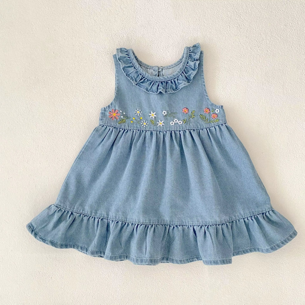 Summer New 0-3 Year Old Baby Clothing, Fashionable Denim Dress for Baby Girls, Embroidered Long Skirt