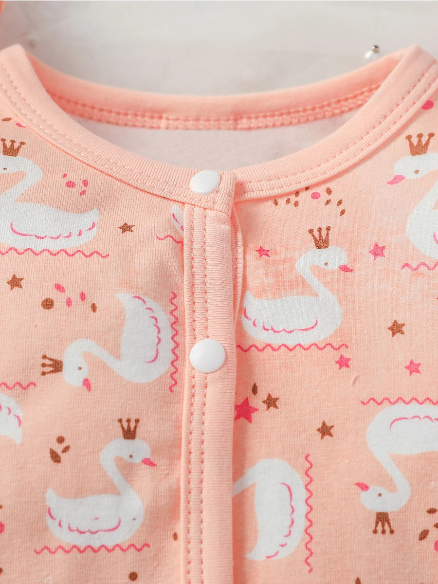 4Pcs 2024 Baby Clothes Cotton Newborn-6M Jumpsuit Cartoon Swan Print Girls Outfit Rompers Clothing+Hat+Bib+Gloves