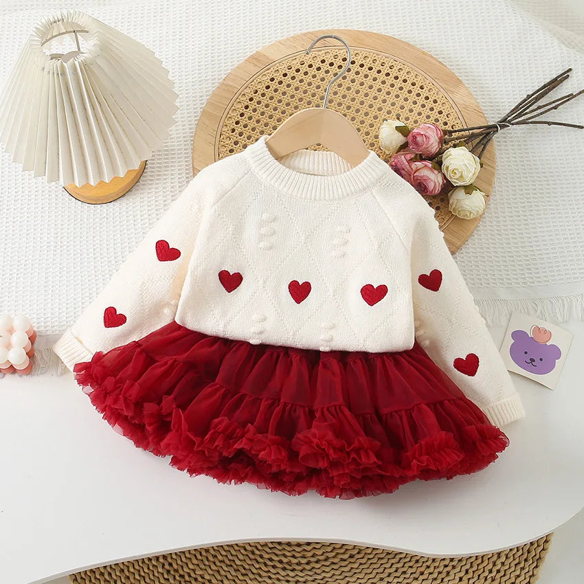 Spring Autumn 1-6Y Girls 2PCS Dress Set Heart Embroidery round Collar Kid Girl Sweater Toddler Baby Girls Mesh Bubble Skirt Suit