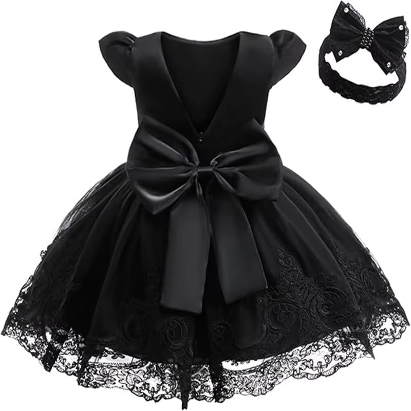 Black Dresses for Baby Girl 1St Birthday Party Dress Backless Bow Cute Baby Baptism Gown Kids Wedding Elegant Princess Dress