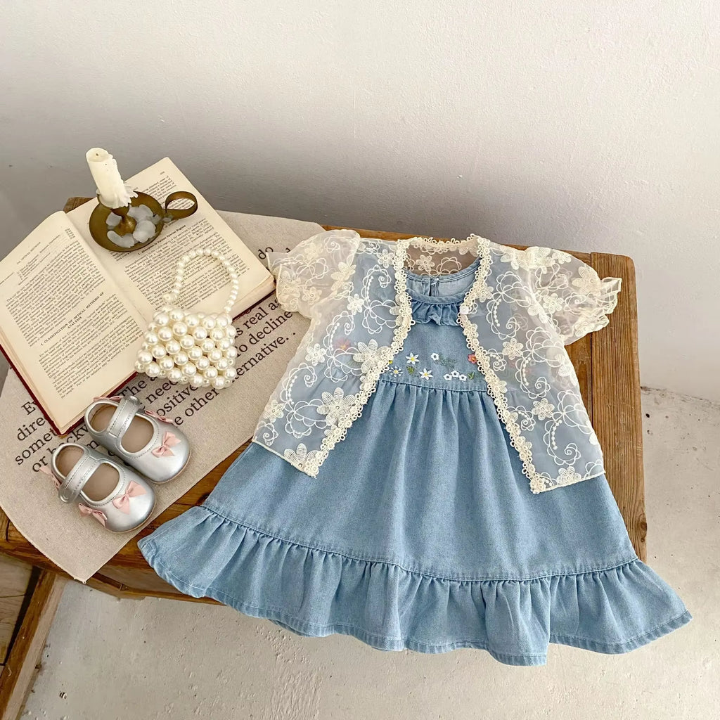 Ins 2025 Summer New Girl Baby Cowboy Dress Versatile Summer Outerwear Girls Embroidered Long Dress