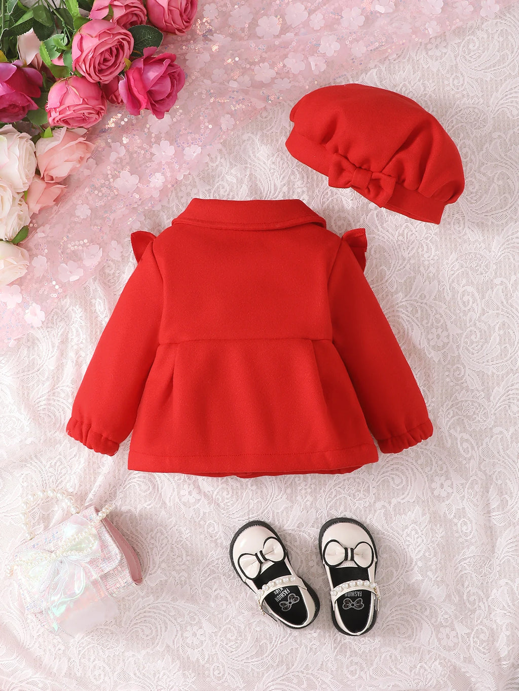 Baby Girls 6-24M Autumn and Winter Red Doll Collar Thick Long-Sleeved Woolen Coat Cute Bow Hat Everything with inside Plush Coat