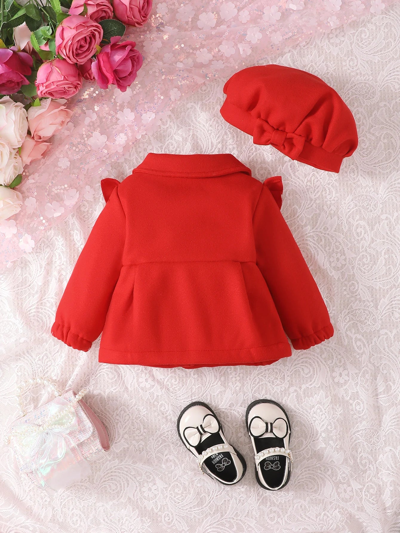 Baby Girls 6-24M Autumn and Winter Red Doll Collar Thick Long-Sleeved Woolen Coat Cute Bow Hat Everything with inside Plush Coat
