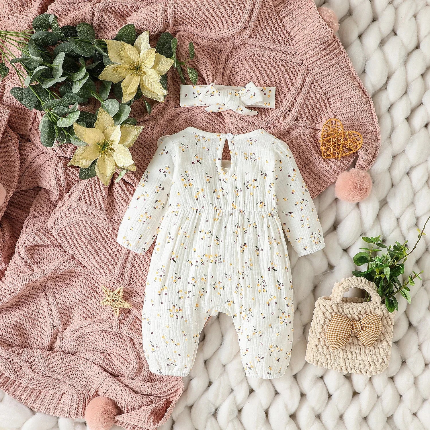 0-6M Newborn Baby Girl Romper Clothes Long Sleeve Flower Bodysuit Costume Lovely Baby Spring Jumpsuit Outfits with Headband 2Pcs