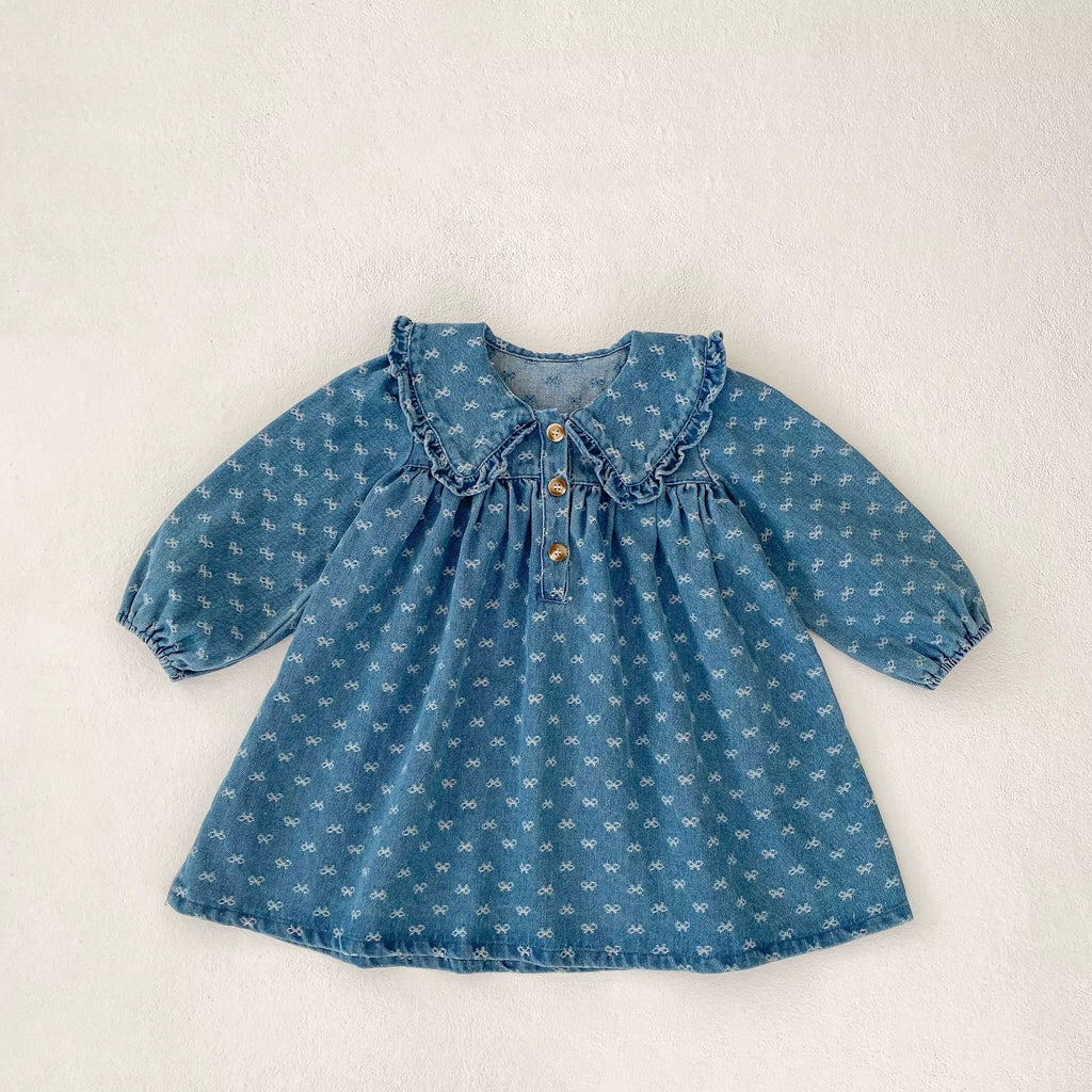Autumn New 0-3 Year Old Baby Clothing, Fashionable Baby Girl Bow Jacquard Denim Long Sleeved Dress
