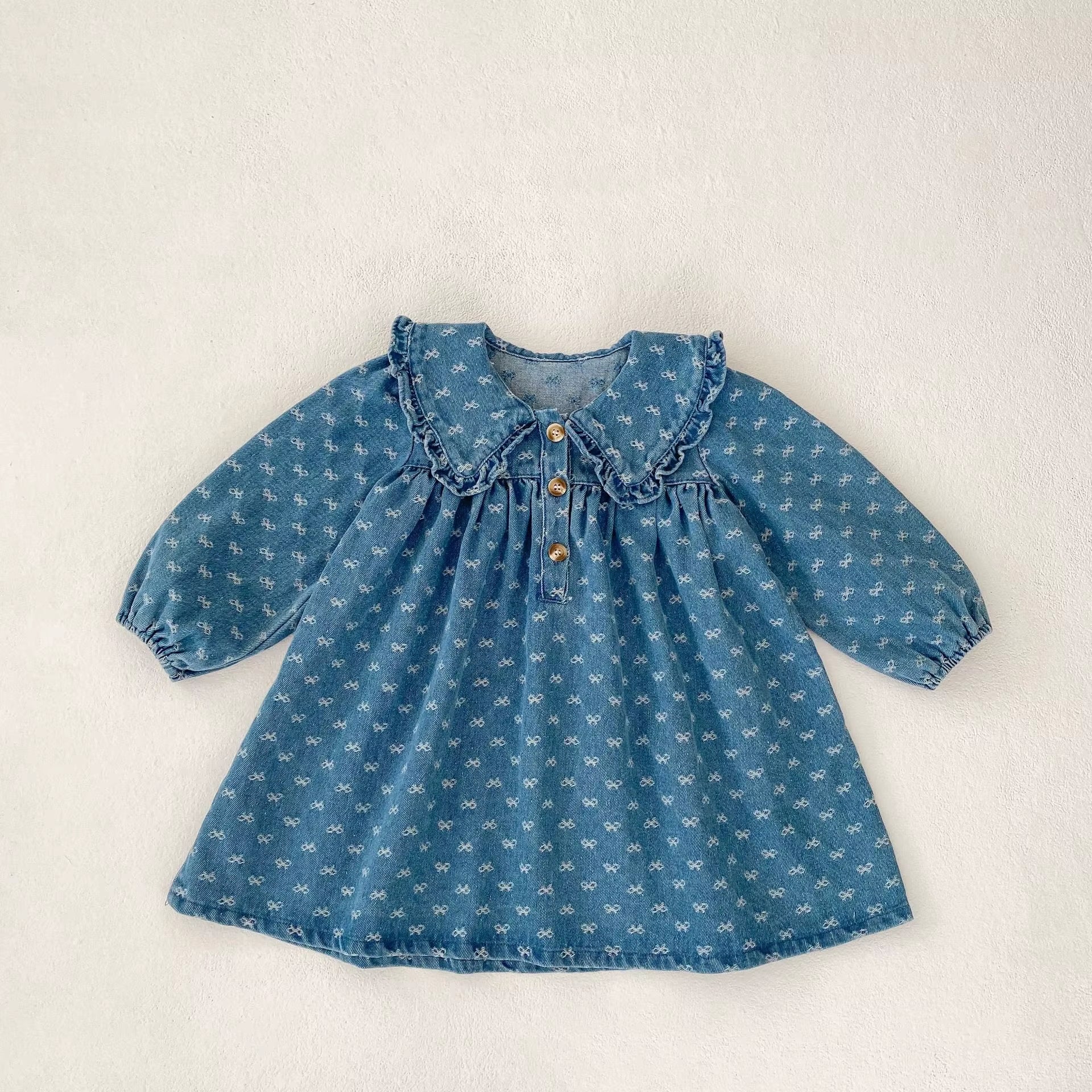 Autumn New 0-3 Year Old Baby Clothing, Fashionable Baby Girl Bow Jacquard Denim Long Sleeved Dress