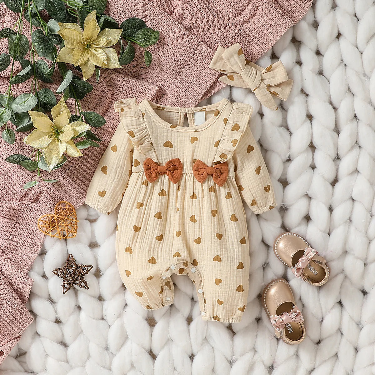 0-6M Newborn Baby Girl Romper Clothes Long Sleeve Flower Bodysuit Costume Lovely Baby Spring Jumpsuit Outfits with Headband 2Pcs