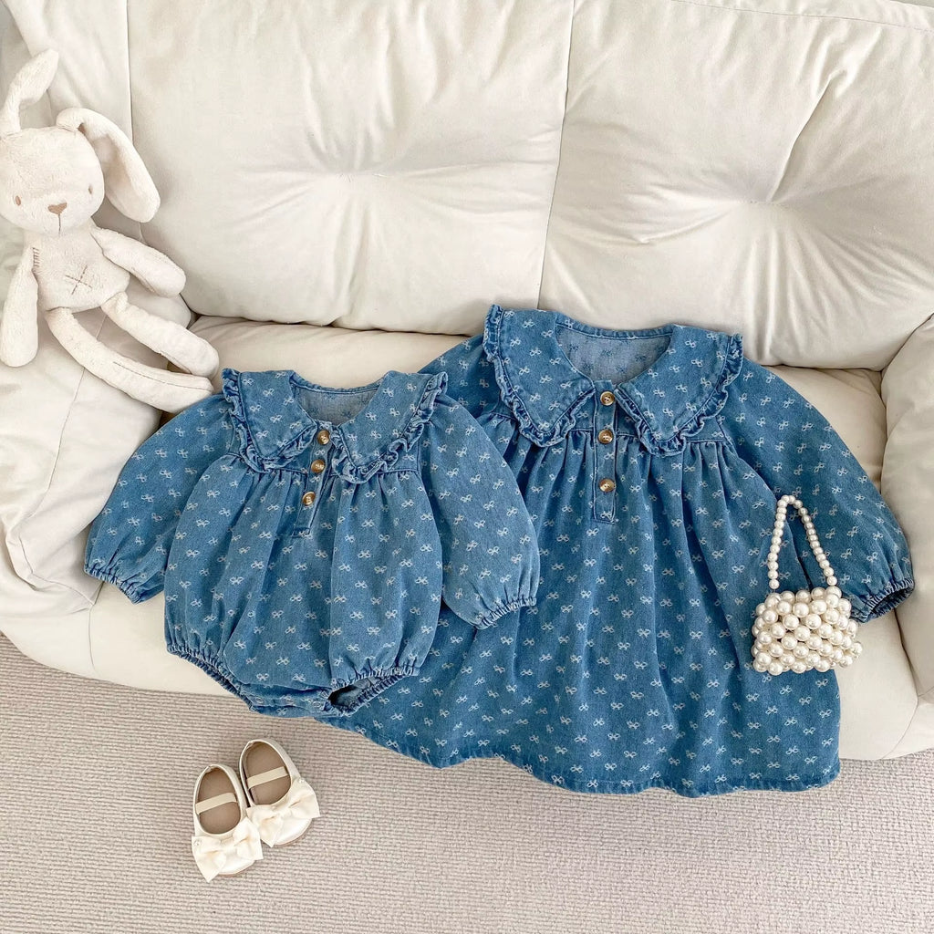 Autumn New 0-3 Year Old Baby Clothing, Fashionable Baby Girl Bow Jacquard Denim Long Sleeved Dress