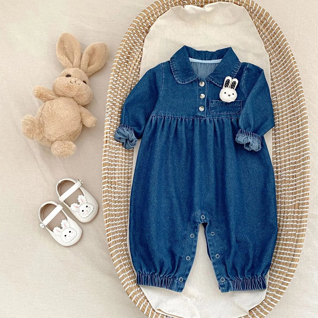 Autumn New 0-3 Year Old Baby Clothing, Doll Collar Long Crawling Korean Version Long Sleeved Denim Jumpsuit, Rabbit Doll