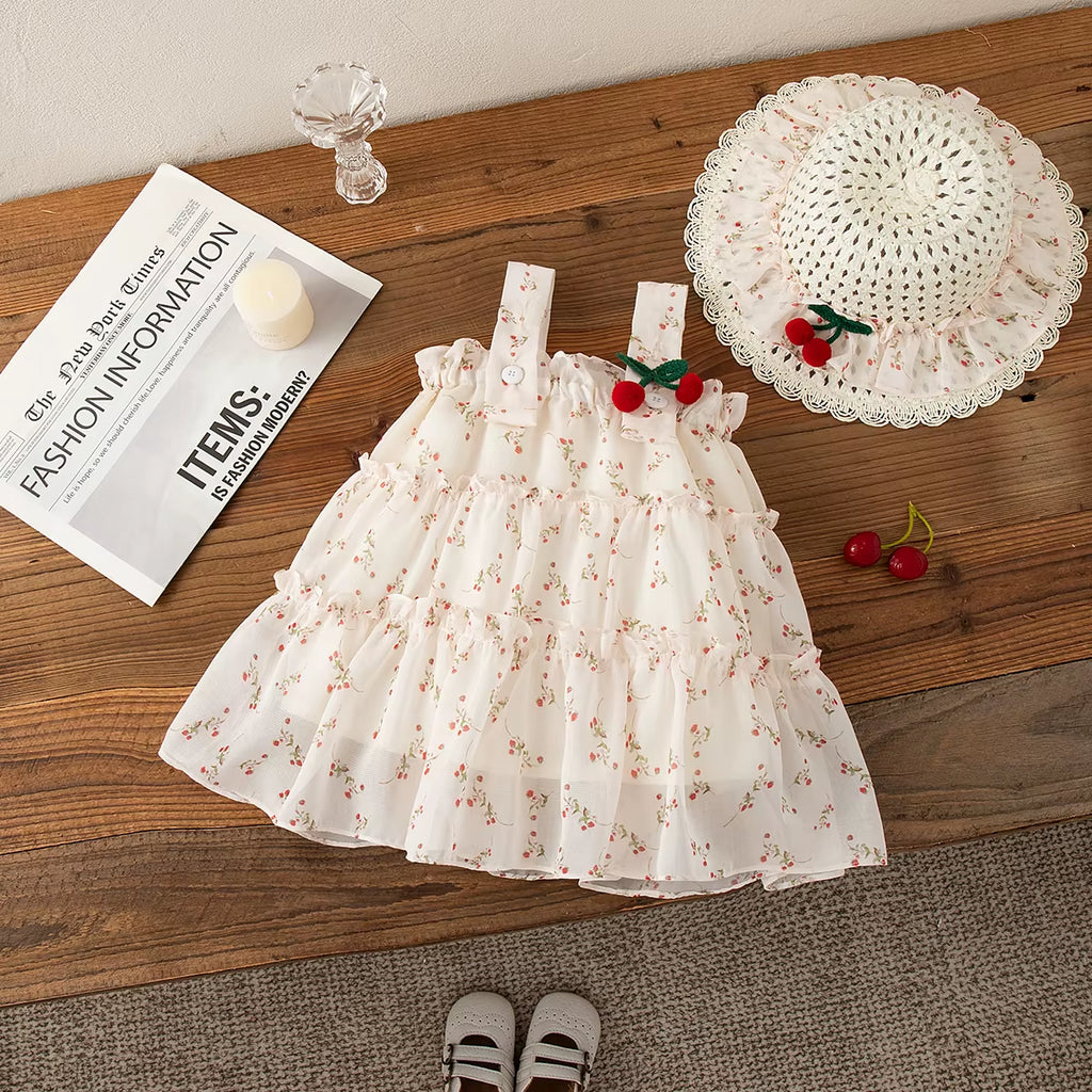 Baby Girl Dresses Summer Full Printed Floral Cherry Halter Girl Dresses Cute Cotton Multi Layer Girl Princess Dresses