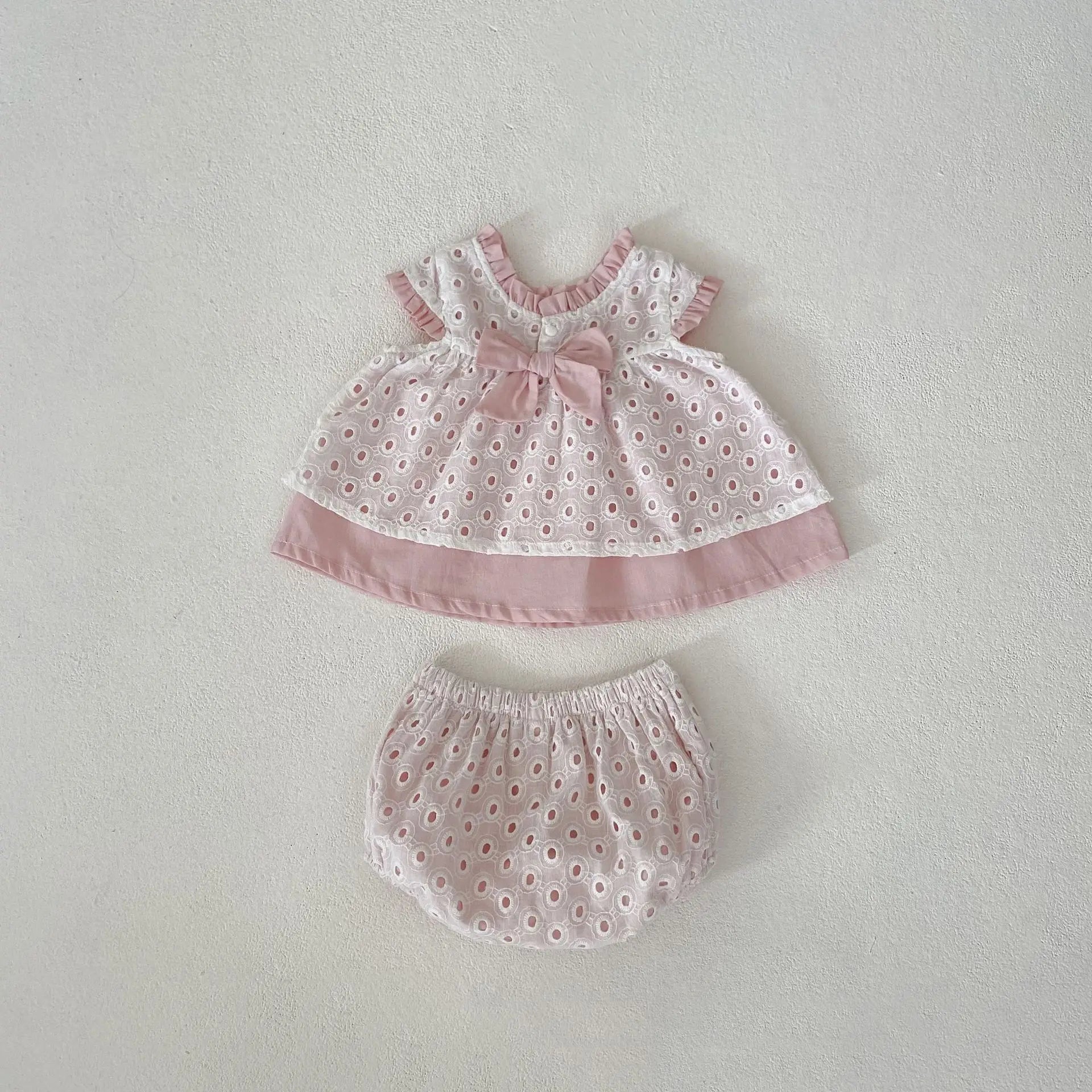 Summer New 0-3 Year Old Baby Clothing, Baby Girl Set, Hollowed Out Double-Layer Top+Shorts