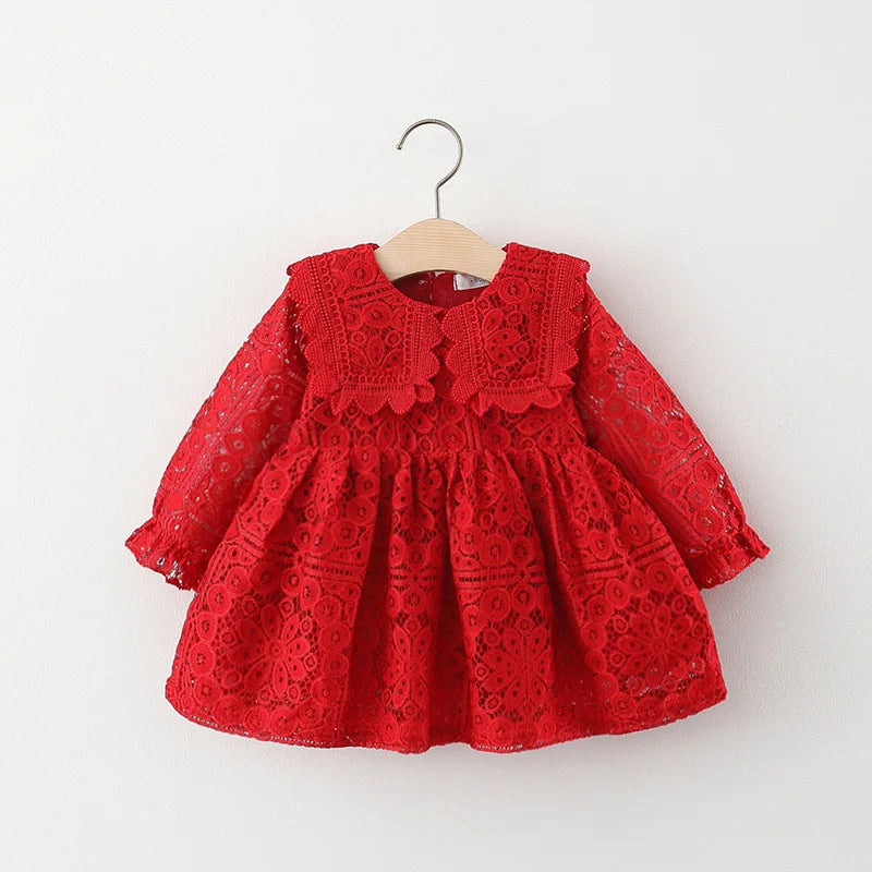 Spring Autumn Toddler Girl Clothes Korean Fashion Doll Collar Long Sleeve Lace Baby 1St Birthday Dresses Princess Dress BC050